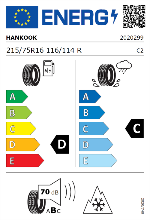 Tyre Label for Hankook Vantra LT RA18 215/75R16 116/114R