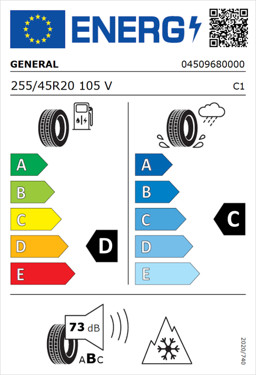 Tyre Label for General Snow Grabber Plus 255/45R20 105V