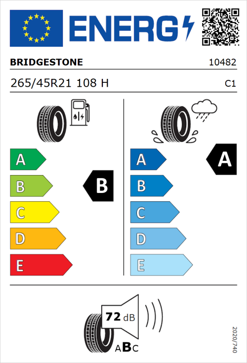 Tyre Label for Bridgestone Alenza 001 265/45R21 108H