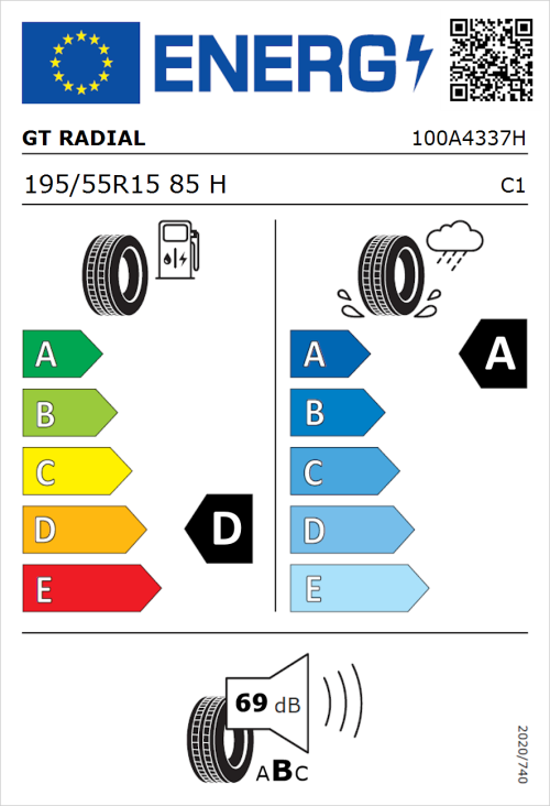Tyre Label for GT Radial FE2 195/55R15 85H