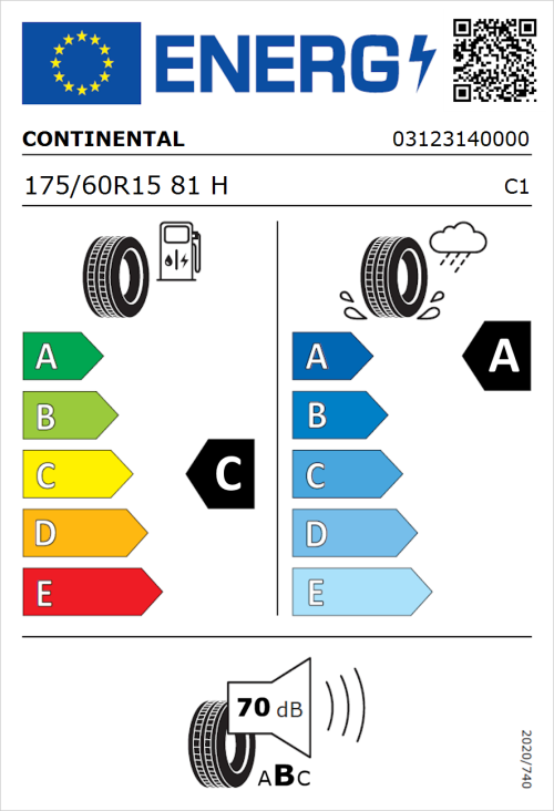 Tyre Label for Continental UltraContact 6 175/60R15 81H