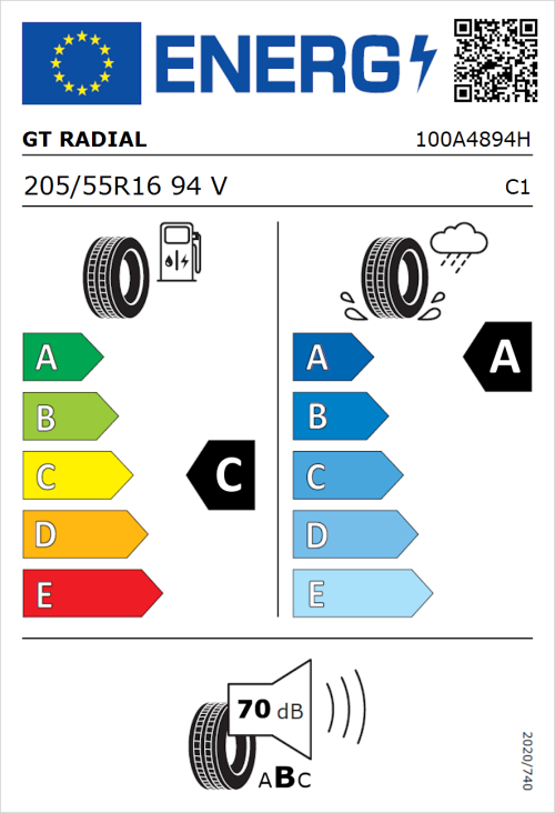 Tyre Label for GT Radial FE2 205/55R16 94V