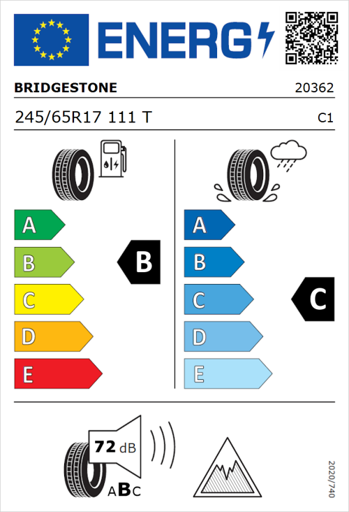 Tyre Label for Bridgestone Dueler A/T 002 245/65R17 111T