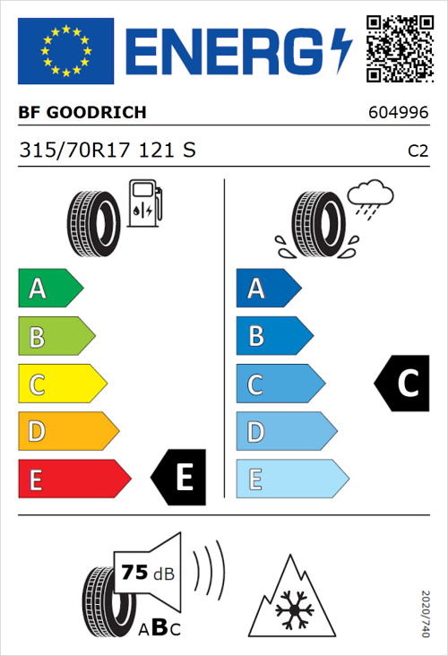 Tyre Label for BF Goodrich All-Terrain T/A KO3 315/70R17 121S