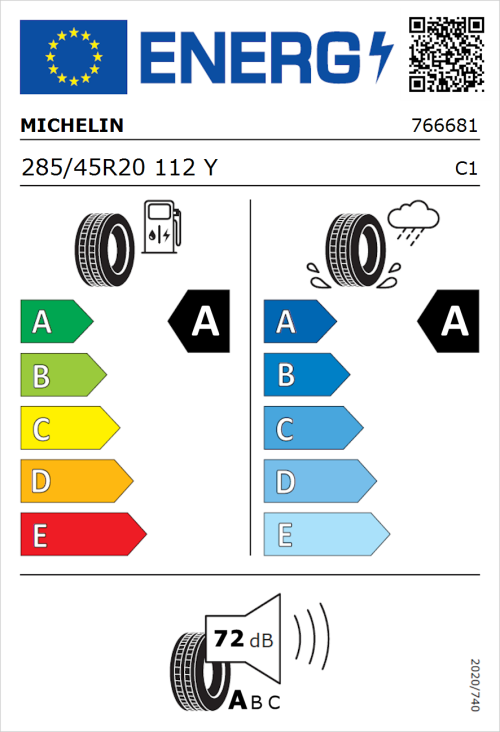 Tyre Label for Michelin Pilot Sport 5 Energy 285/45R20 112Y