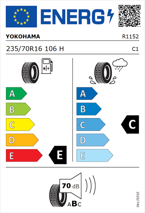 Tyre Label for Yokohama Geolandar-G015 235/70R16 106H