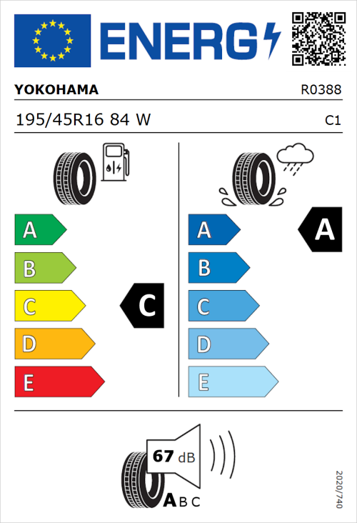 Tyre Label for Yokohama Advan Fleva V701 195/45R16 84W